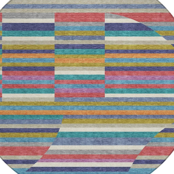HomeRoots 8 Ft Round Striped Polyester Area Rug in Teal Gold for Patio or Family Room 732743