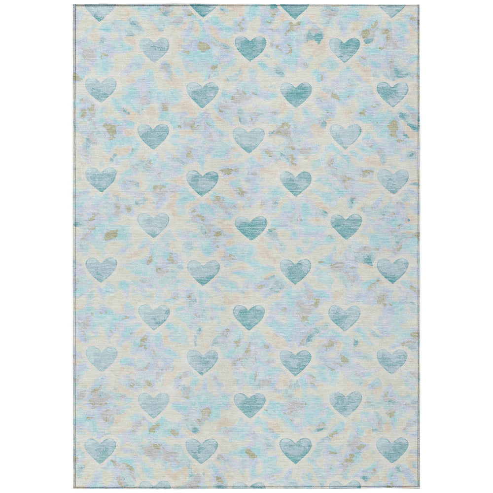 9x12 Geometric Polyester Area Rug Washable Teal Ivory for Patio or Living Room