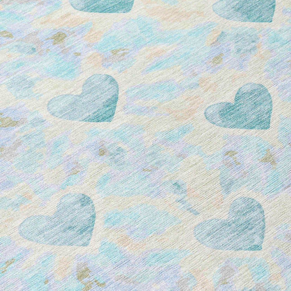 9x12 Geometric Polyester Area Rug Washable Teal Ivory for Patio or Living Room