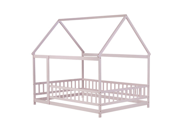 English Elm Full Size House Floor Bed With Roof Frame & Guardrails - Cozy Pink Wooden Design For Kids W504P286410