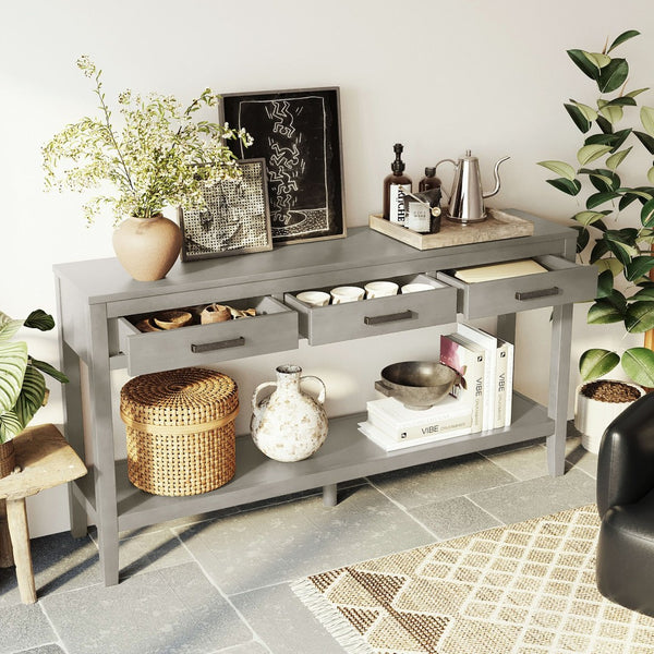 English Elm U_style Farmhouse Console Table with Three Drawers Open Shelf Entryway Organizer N711P410445E