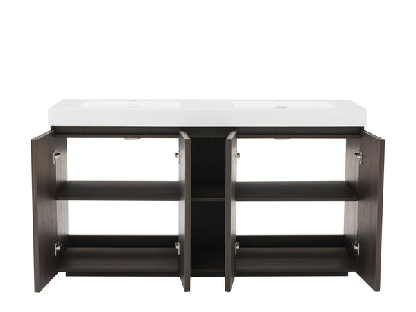 English Elm Galan60F" Modern Smoked Oak Bathroom Vanity With One-Piece Sink, Spacious Storage & Soft-Close Hinges W1865S00153