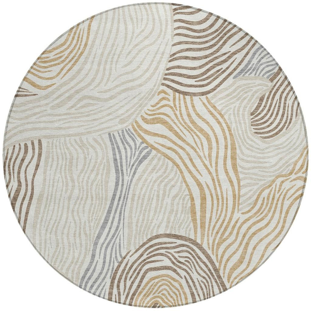 8 Ft Round Ikat Polyester Area Rug Washable Indoor Outdoor Ivory Beige Patio