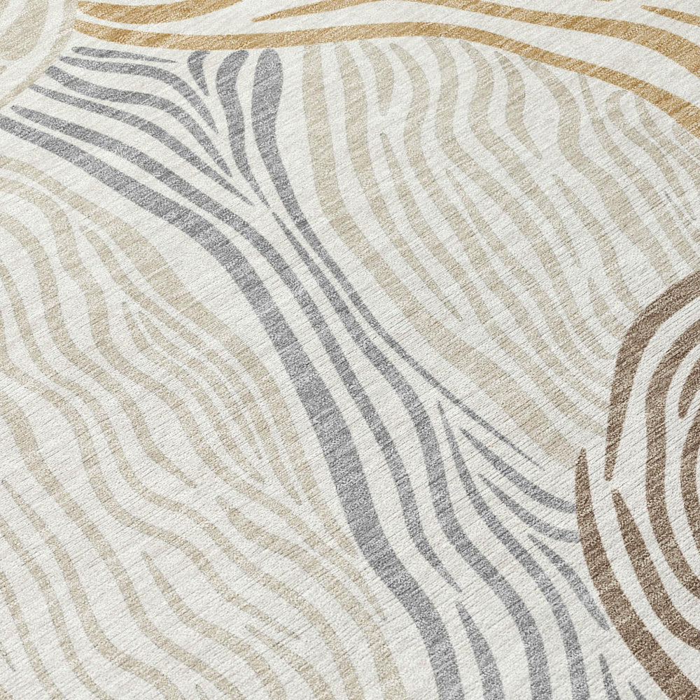 8 Ft Round Ikat Polyester Area Rug Washable Indoor Outdoor Ivory Beige Patio