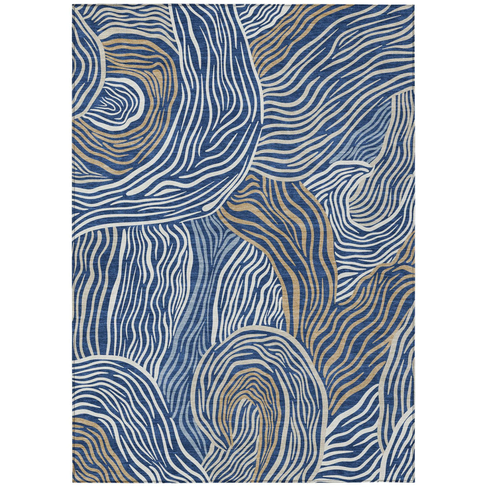 Ikat Polyester Washable Indoor Outdoor Area Rug in Navy Beige for Patios and Living Rooms