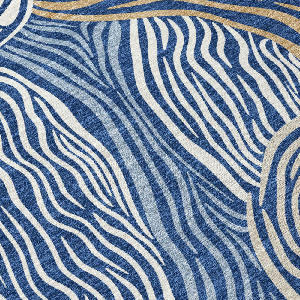 Ikat Polyester Washable Indoor Outdoor Area Rug in Navy Beige for Patios and Living Rooms