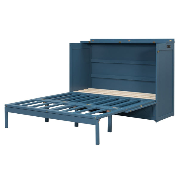 English Elm Queen Murphy Wall Bed Cabinet with Storage Drawer Built-in Power Outlets Usb Ports Navy Blue LP000400AAC-1