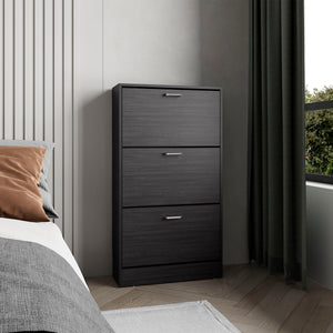 English Elm Inola Triple-Tier Pull-Down Shoe Rack Black Wengue — Slim Entryway Storage, Ventilated, Scratch-Resistant B200P361995