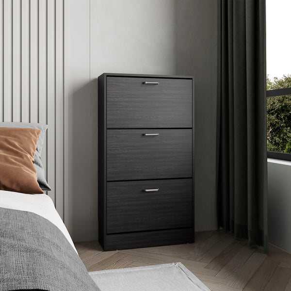 English Elm Inola Triple-Tier Pull-Down Shoe Rack Black Wengue — Slim Entryway Storage, Ventilated, Scratch-Resistant B200P361995