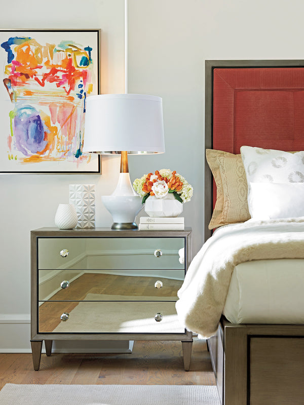 Lexington Divonne Mirrored Nightstand: Luxe Glam Storage With Elegant Silver Accents And Chic Design Elements Platinum  732-621