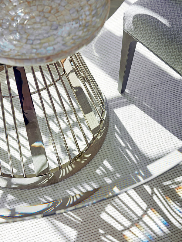 Lexington Riviera Stainless Dining Table With Luxe Glass Top And Elegant Hourglass Design For Modern Living Platinum  732-875-54c