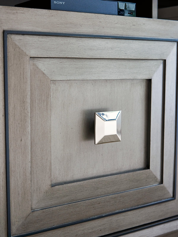 Lexington Basel Media Console - Luxe Hand-glazed Platinum Finish With Silver Accents And Adjustable Shelves Platinum  732-907