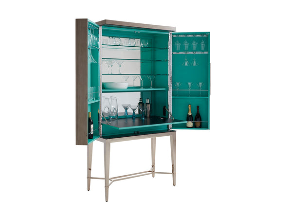 Lexington Cheval Bar Cabinet - Luxurious Platinum Finish With Aquamarine Interior, Led Lighting & Elegant Storage Platinum  732-961c