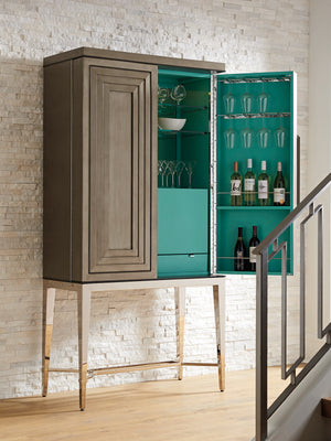 Lexington Cheval Bar Cabinet - Luxurious Platinum Finish With Aquamarine Interior, Led Lighting & Elegant Storage Platinum  732-961c