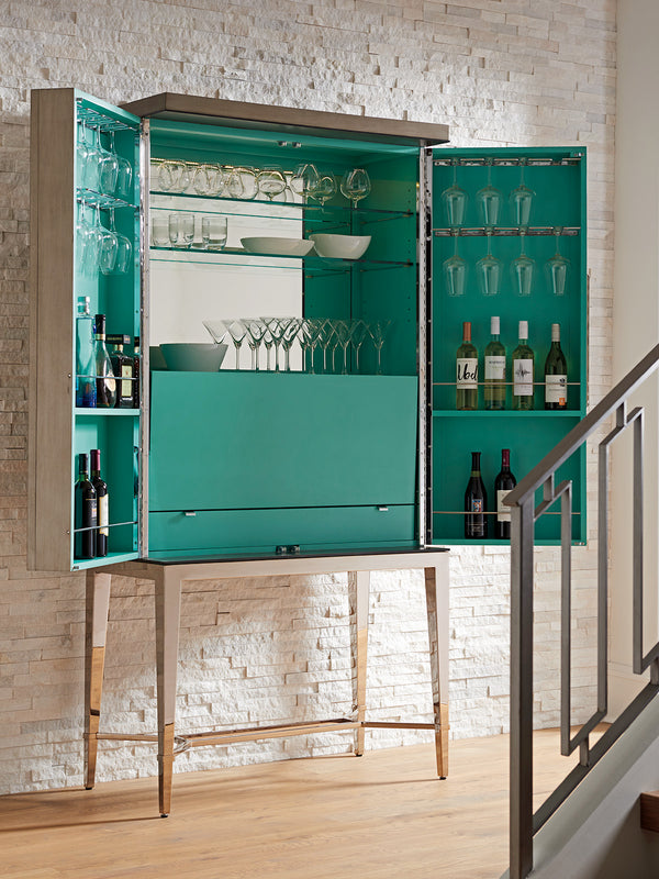 Lexington Cheval Bar Cabinet - Luxurious Platinum Finish With Aquamarine Interior, Led Lighting & Elegant Storage Platinum  732-961c