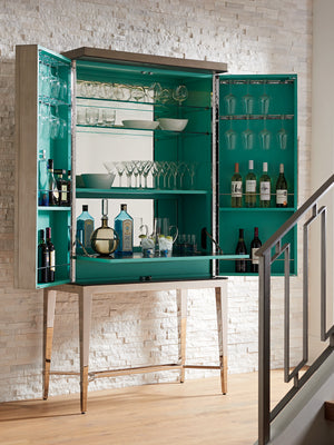 Lexington Cheval Bar Cabinet - Luxurious Platinum Finish With Aquamarine Interior, Led Lighting & Elegant Storage Platinum  732-961c
