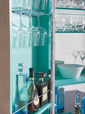 Lexington Cheval Bar Cabinet - Luxurious Platinum Finish With Aquamarine Interior, Led Lighting & Elegant Storage Platinum  732-961c
