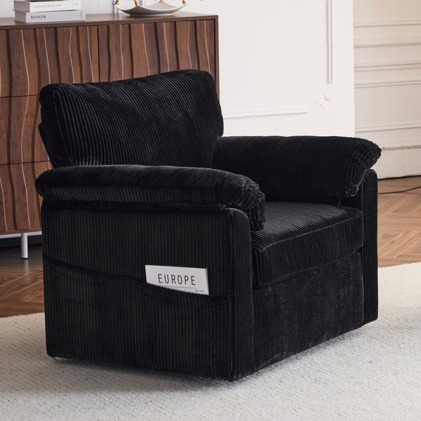 English Elm 33 Inch Oversized Swivel Corduroy Lounge Chair with Plush Chenille Cushioning and Support Springs Black W1829P265018