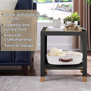 English Elm Glass Two Tier Square Side Table with Gold Mesh Tempered Top and Black Metal Frame Black+Gold W3587P456317
