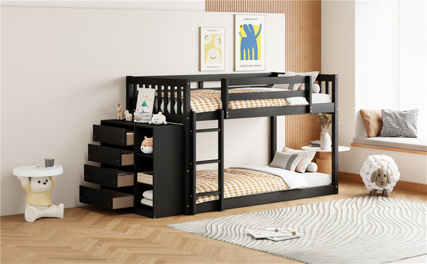 English Elm Twin Over Bunk Bed with Four Storage Drawers Open Shelving Kids Bedroom Espresso LT000167AAP-1