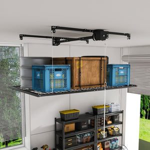 English Elm Overhead Garage Storage Rack with Crank Lowering Steel Platform for High Ceilings W2700P346226