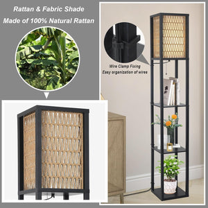 English Elm Floor Lamp with Shelves Brown+Black — Boho Rattan & Fabric Dual Shades, 3 Wooden Shelves, LED Included W2738P400709