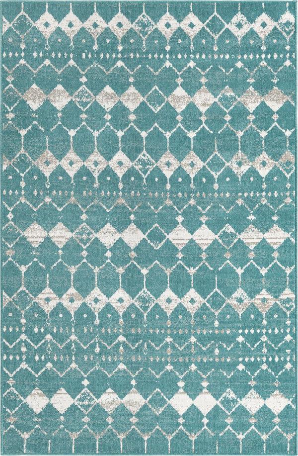 Unique Loom Outdoor Trellis Cardak Machine Made Geometric Rug Teal, Ivory/Gray 5' 3" x 8' 0"