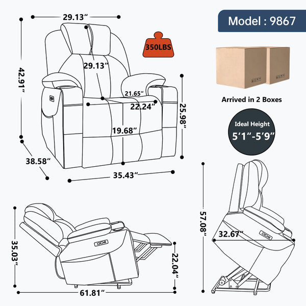 English Elm Up to 350 Lbs Chenille Power Lift Recliner with Massage Heating and Usb Charging Ports Khaki W3224S00026
