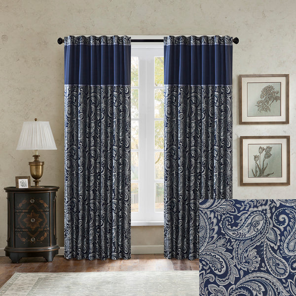 JLA Home Madison Park - Jacquard Aubrey Curtain Panels with Paisley Motif, Faux Silk Piecing, Gold Piping, OEKO‑TEX Certified Elegance Navy MP40-4898
