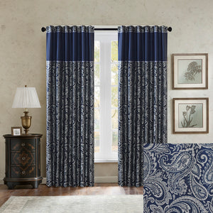 JLA Home Madison Park - Jacquard Aubrey Paisley Curtain Panels with Faux Silk, Gold Piping, OEKO-TEX Safety and Shimmer Navy MP40-4896