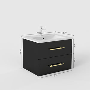 English Elm 24-Inch Wall-Mounted Bathroom Vanity With Ceramic Sink, Gold Handles & Double Drawers For Small Spaces W3151S00036