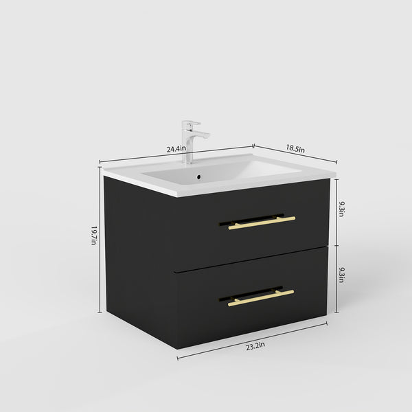 English Elm 24-Inch Wall-Mounted Bathroom Vanity With Ceramic Sink, Gold Handles & Double Drawers For Small Spaces W3151S00036