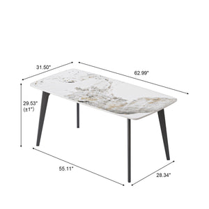 English Elm 62.99" Modern Artificial Stone White Dining Table With Curved Edges & Black Metal Legs For 6 People W1535S00517