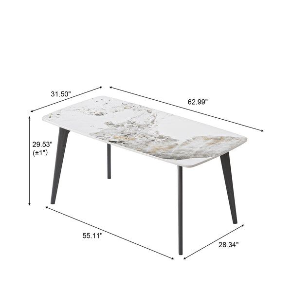 English Elm 62.99" Modern Artificial Stone White Dining Table With Curved Edges & Black Metal Legs For 6 People W1535S00517