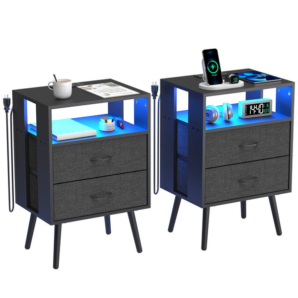 English Elm 2 Pack Modern Nightstand With Charging Station & Led Light - Stylish Bedside Tables With Fabric Drawers W1550P272496