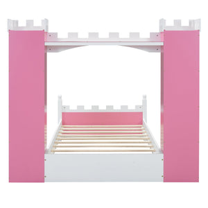 English Elm Castle-Shaped Twin Bed with Crown Footboard and Built-In Shelves, Sturdy MDF/Pine Frame for Kids Pink+White 56.69 L x 17.72 W x 5.51 H N733S177379H