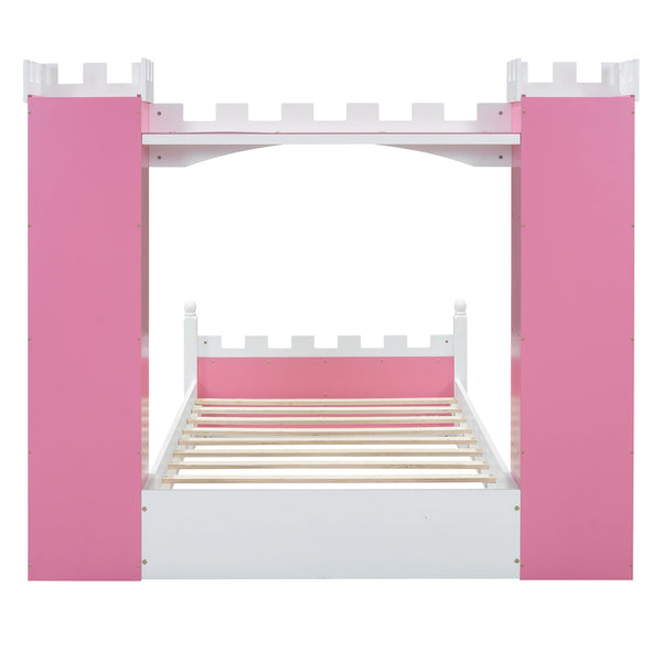 English Elm Castle-Shaped Twin Bed with Crown Footboard and Built-In Shelves, Sturdy MDF/Pine Frame for Kids Pink+White 56.69 L x 17.72 W x 5.51 H N733S177379H
