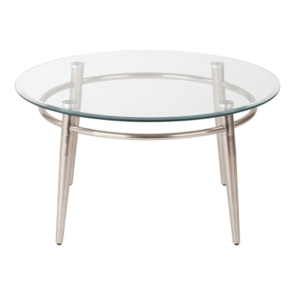 OSP Home Furnishings Brooklyn Round Tempered Glass Coffee Table with Brushed Nickel Base for Modern Living Rooms MG1230R-NB