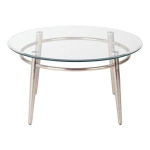 OSP Home Furnishings Brooklyn Round Tempered Glass Coffee Table with Brushed Nickel Base for Modern Living Rooms MG1230R-NB