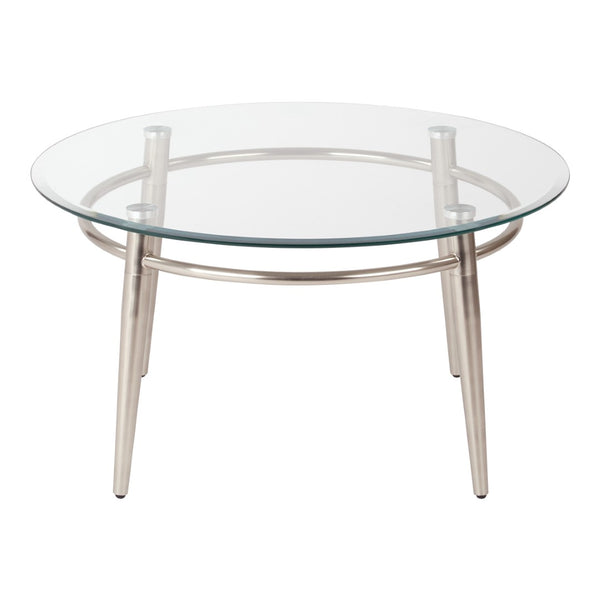 OSP Home Furnishings Brooklyn Round Tempered Glass Coffee Table with Brushed Nickel Base for Modern Living Rooms MG1230R-NB