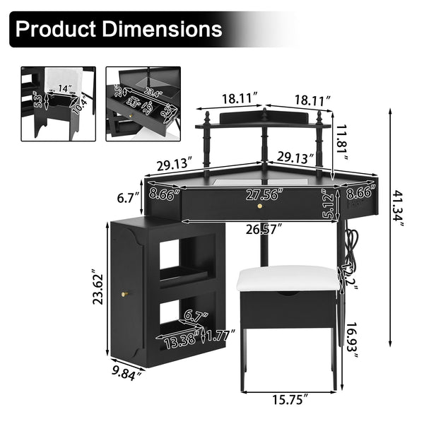 English Elm Corner Vanity Desk Set with Stool Charging Station Glass Top Pull-Out Cabinet Jewelry Organizer Black 35.82 L x 32 W x 8 H N733P336237B