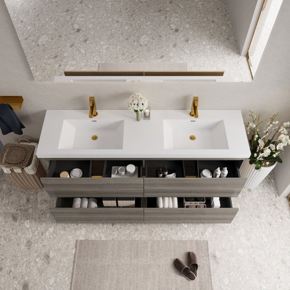 English Elm 72" Floating Double Sink Vanity Glossy White Stone Resin Top Soft Close Storage W1573P211194