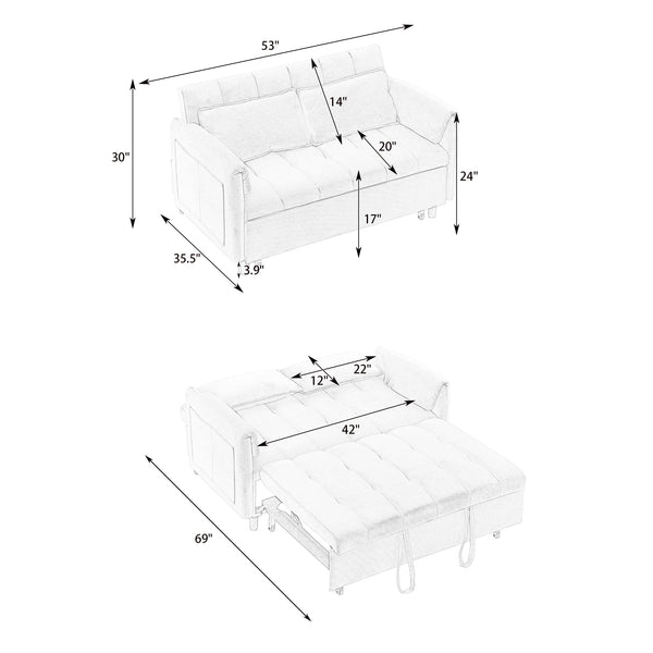 English Elm 52 Beige Modern Velvet Sofa Pullout Bed, 3-in-1 Convertible 52" Loveseat for Small Spaces, Pillows & Storage Pockets W1658P266333
