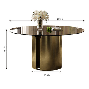 English Elm 59-Inch Round Dining Table - Elegant Dark Brown Glass Top With Antique Copper Steel Legs For 6-8 W509S00145