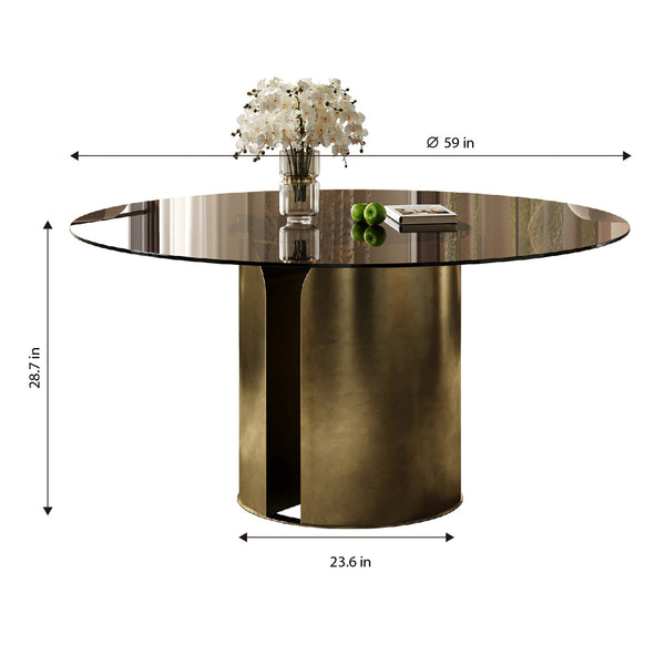 English Elm 59-Inch Round Dining Table - Elegant Dark Brown Glass Top With Antique Copper Steel Legs For 6-8 W509S00145