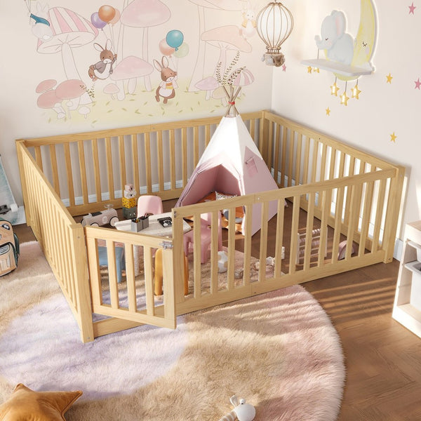 English Elm Twin Floor Bed Pine Wood Frame with Guardrails and Door for Safe Toddler Sleep Natural W1580P417671