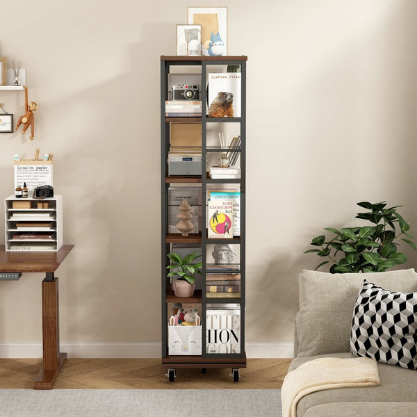 English Elm 5 Tier Rotating Corner Bookcase Rustic Brown Steel Wood Spinning Floor Shelf W2641P399191