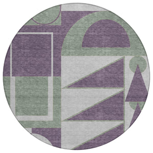 8 Ft Round Geometric Polyester Area Rug Washable Indoor Outdoor Plum Silver