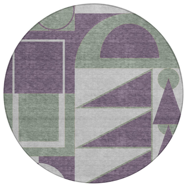 8 Ft Round Geometric Polyester Area Rug Washable Indoor Outdoor Plum Silver