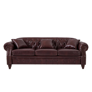 English Elm 85.8" Living Room Chesterfield Sofa with Storage Classic Tufted PU Upholstery Solid Wood Frame, 3-Seater Comfort Burgundy W1097S00149